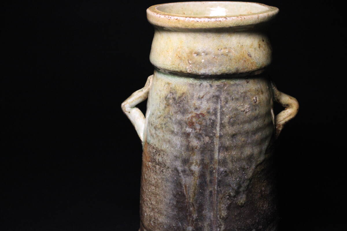 □□風格ある逸品！谷本光生 伊賀花入 人気 耳付花生 窯変 ビードロ