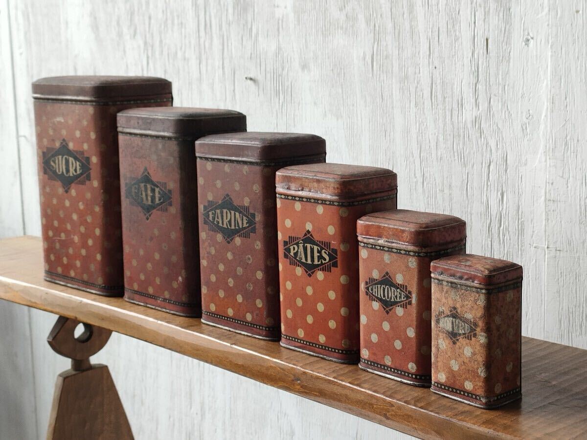 フランス アンティーク tin can キャニスター 6個セット ティン缶 赤