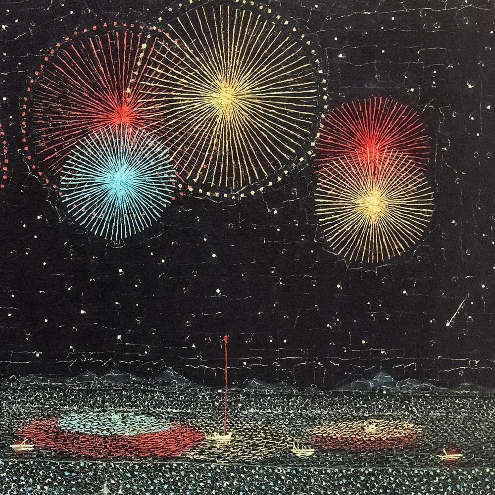 真作】【WISH】山下清「長岡の花火」リトグラフ 約12号 大作 証明シール 〇