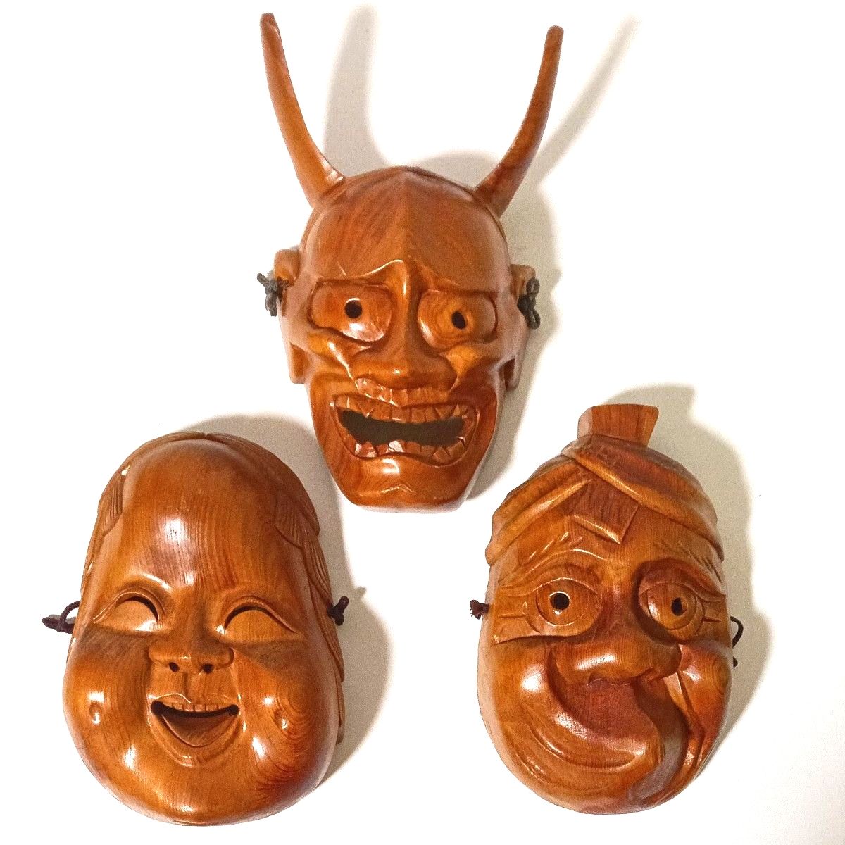 木彫り お面 般若 ひょっとこ おかめ 3点セット 魔除け 工芸品 木製