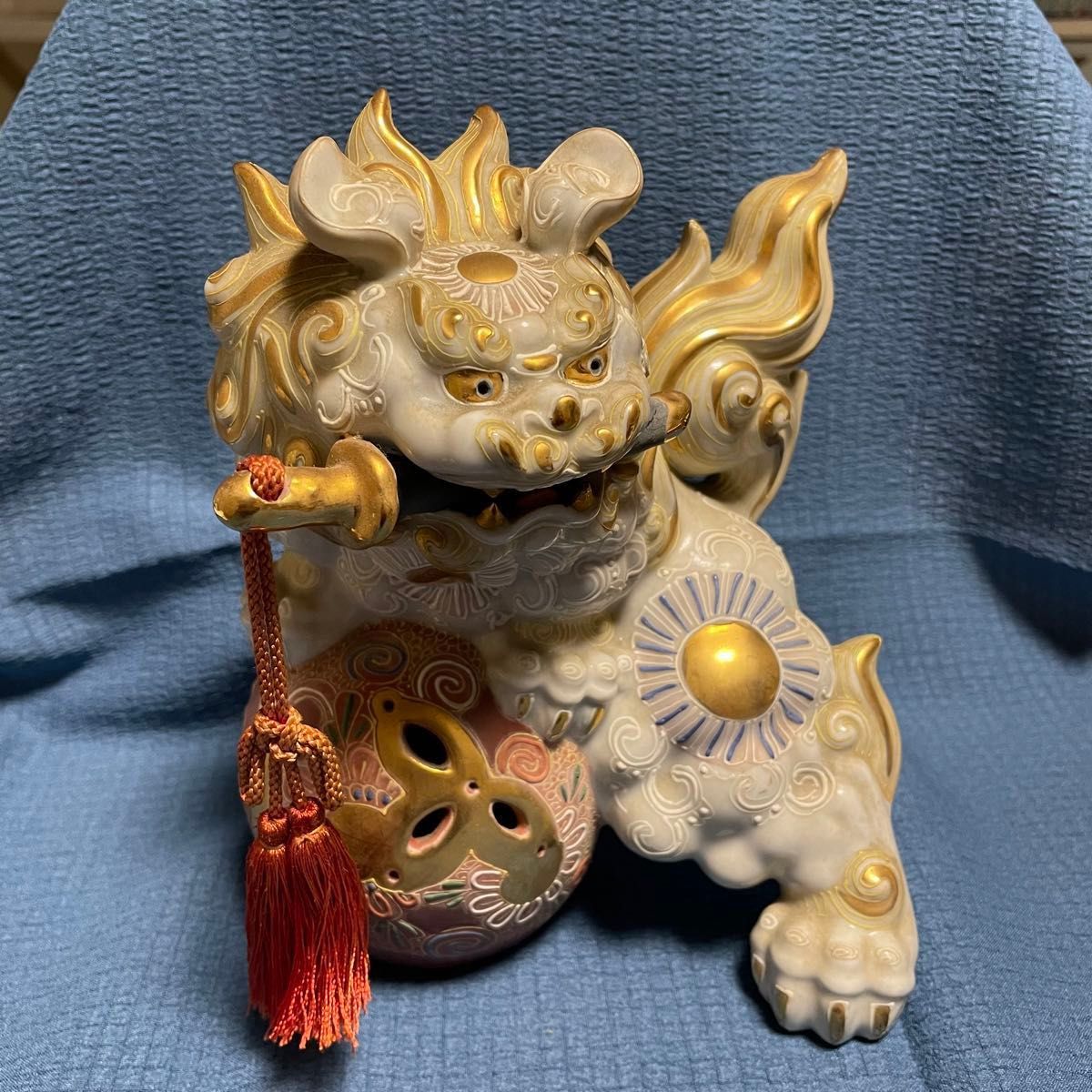 九谷焼 須栄義 シーサー 置物 魔除け 獅子 須栄義 九谷焼 玉乗り獅子 魔