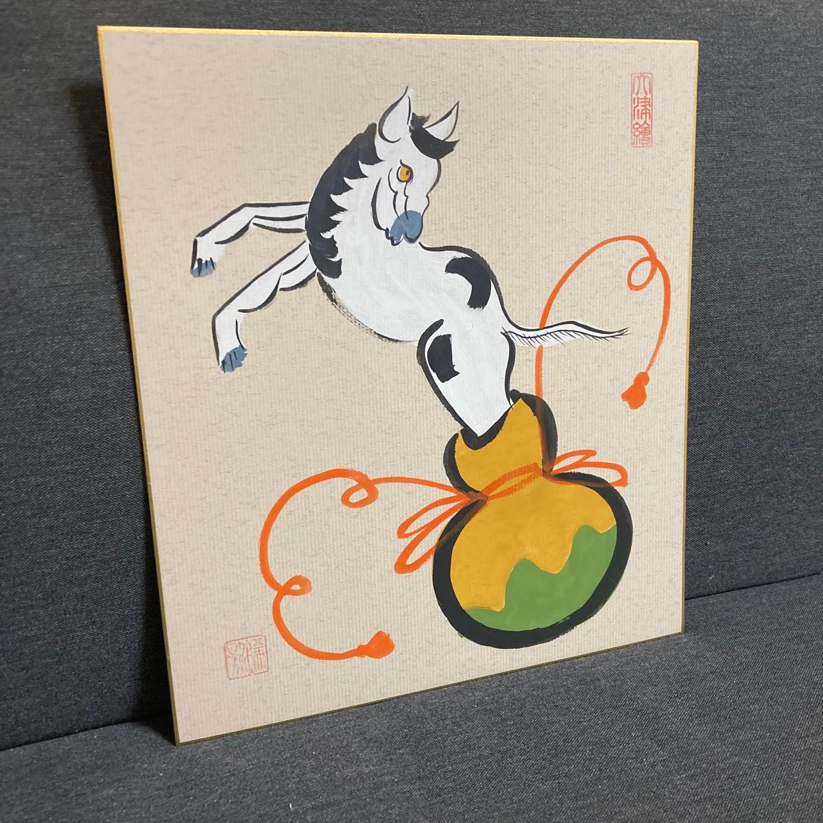 大津絵瓢箪から駒 (ひょうたんからうま) 肉筆画 色紙 絵 和風 伝統 和