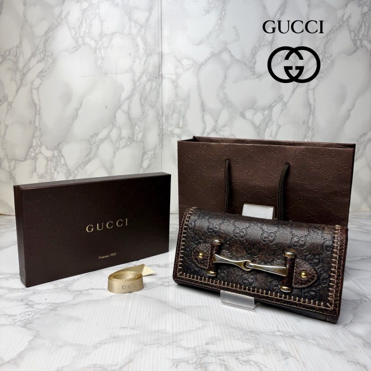 87 美品 GUCCI グッチ ホースビット シマ 長財布 二つ折り財布