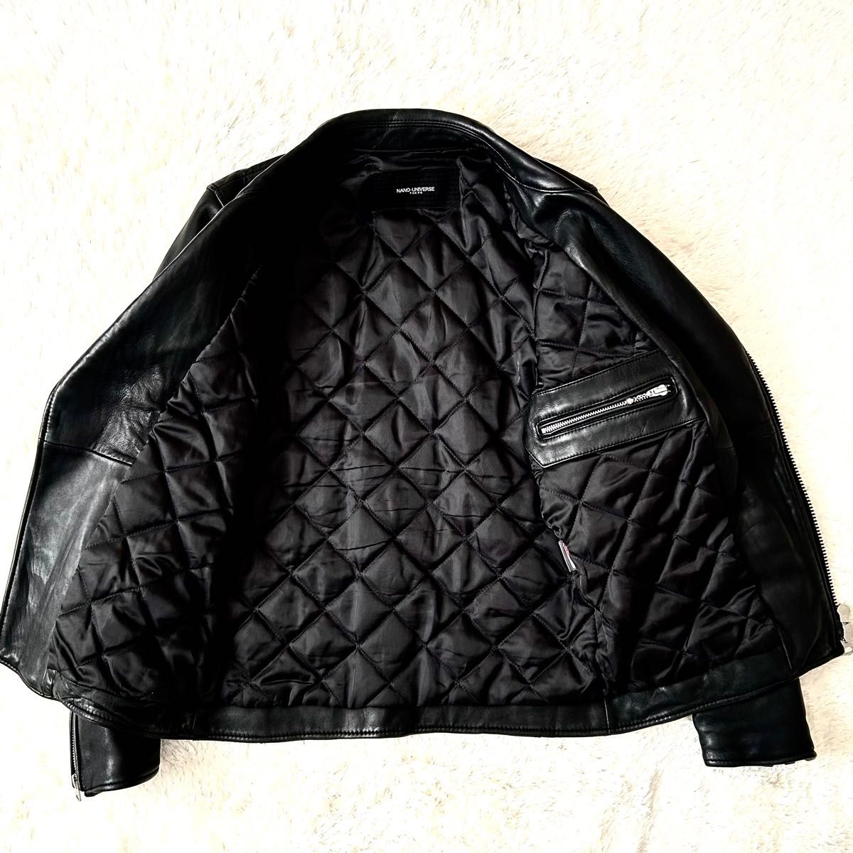 ナノ・ユニバース ダブルライダースジャケット 羊革 キルティング 黒 S