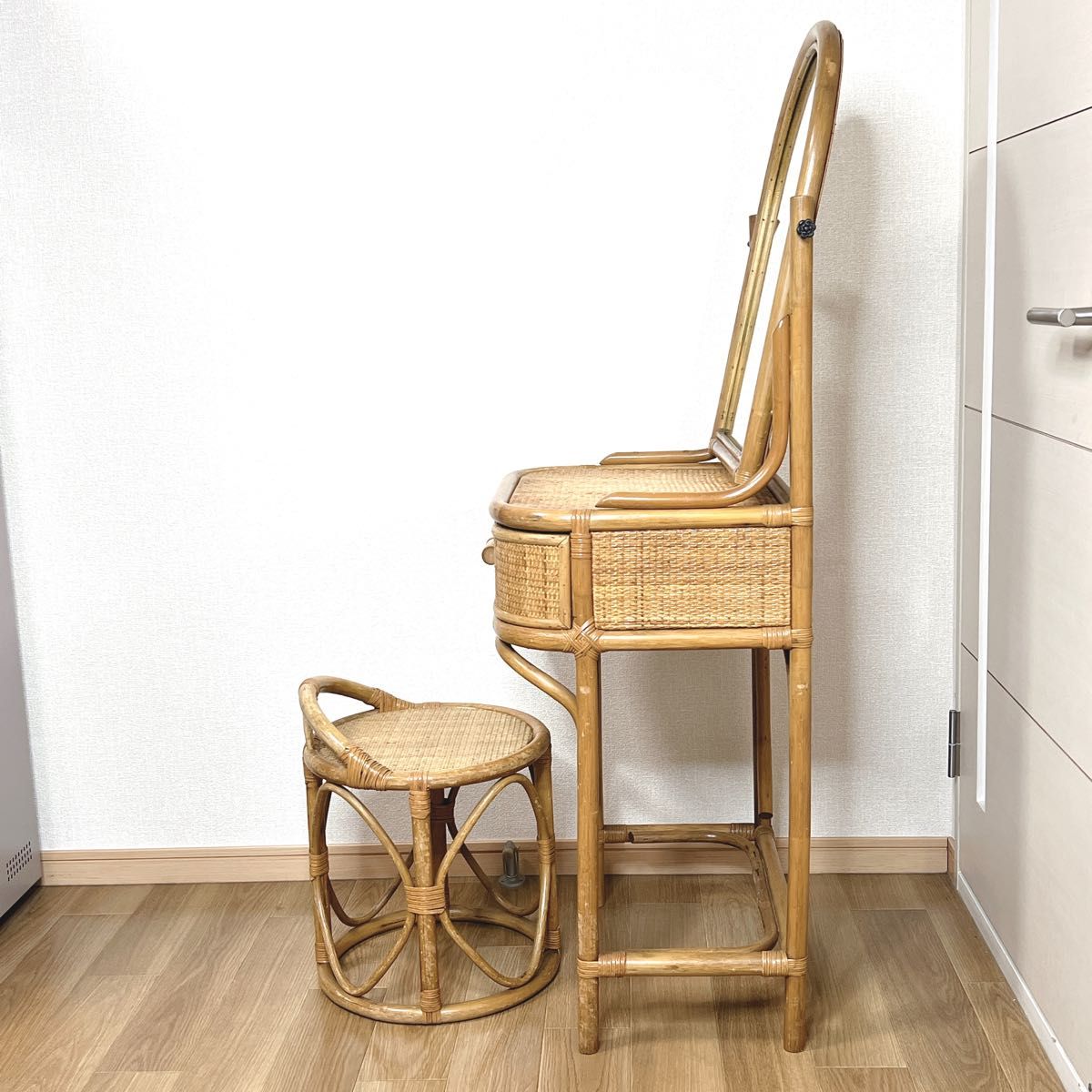 良品】ラタン ドレッサー スツールセット 鏡台 昭和レトロ 良品