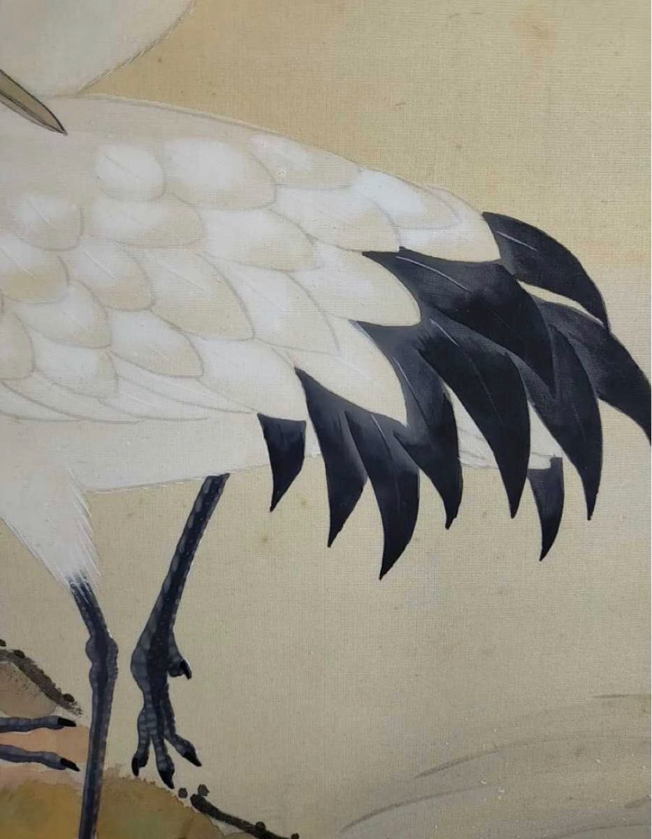 絹本】肉筆掛け軸花鳥画 細筆画「鶴と松」美術品 和室 茶室 吉祥 長寿