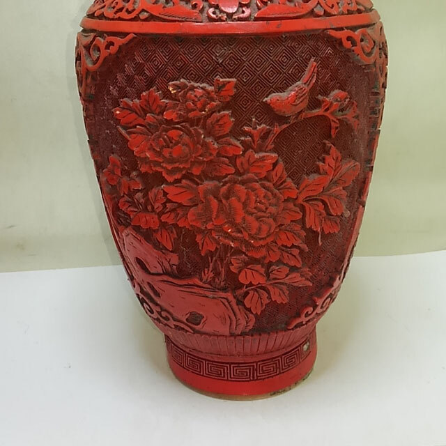 ジャンク 中国美術 飾壺 朱色 花器 花瓶 壺 彫刻 彫り細工 高さ32cm