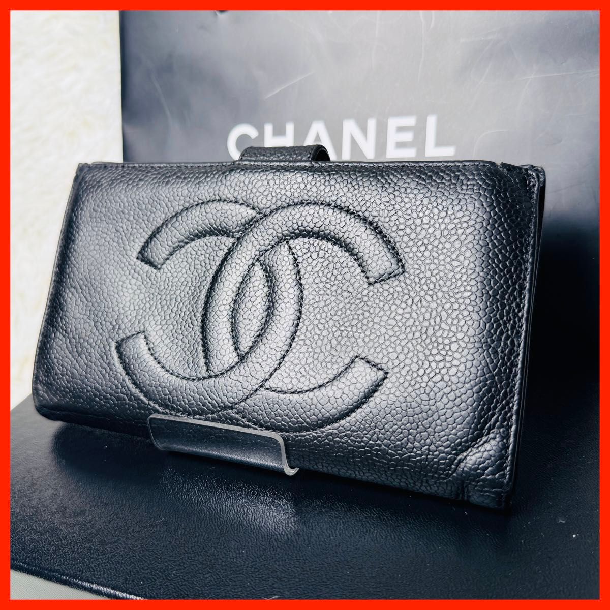 CHANEL キャビアスキン ココマーク 二つ折り 長財布 がま口 黒｜Yahoo