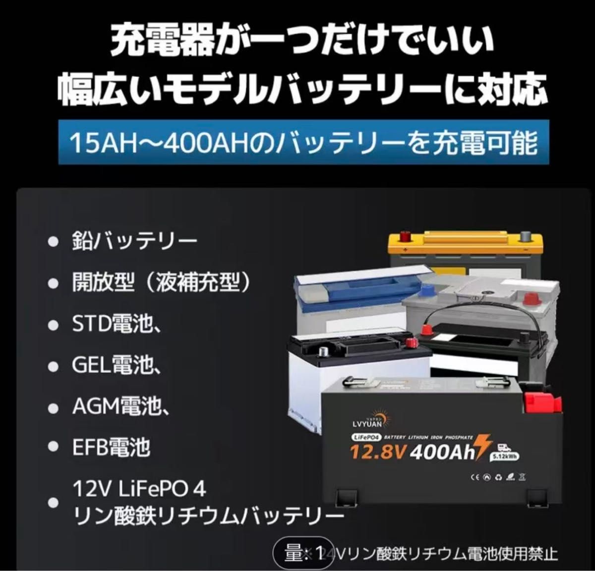LVYUAN 全自動パルスバッテリー充電器 40A 12V/24V鉛/12VLiFePO4 EC