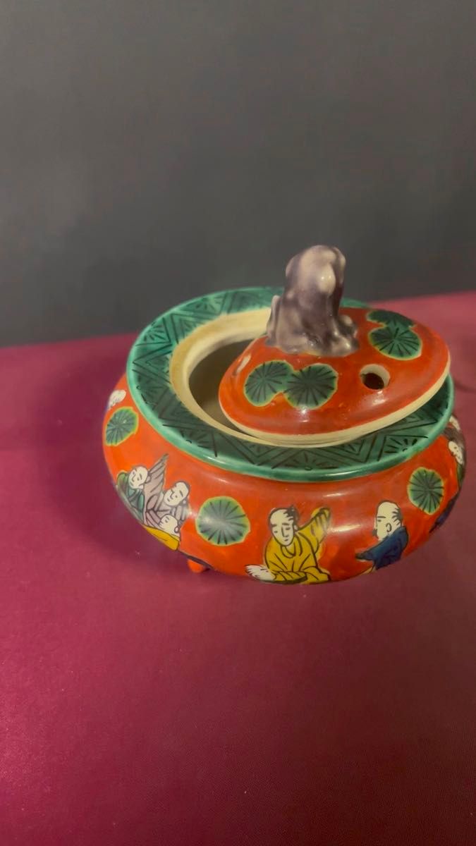 香炉 伝統的 唐獅子 ブルー ホワイト 陶器 九谷直作 九谷焼 （ふ19Y