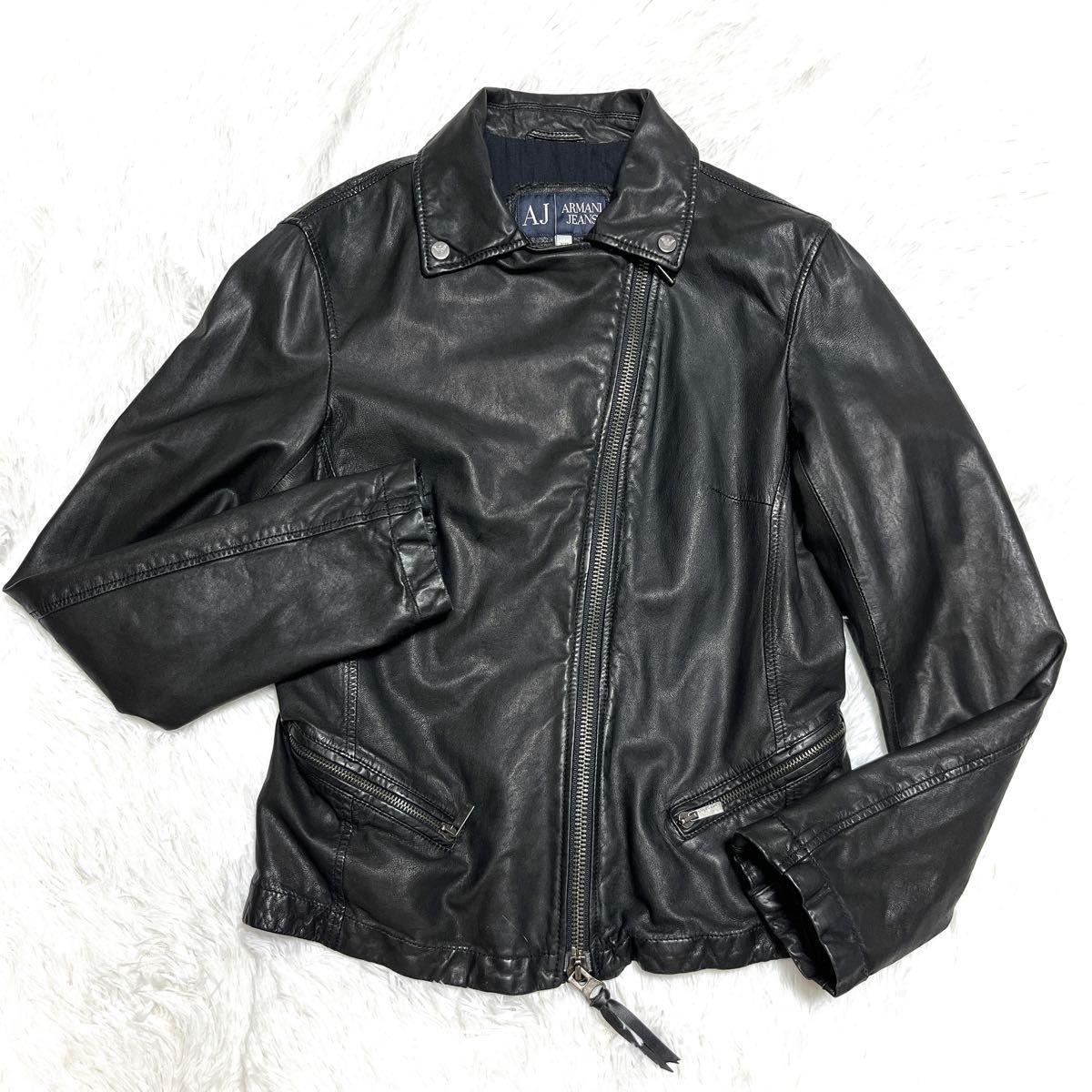 ARMANI JEANS アルマーニ ラムレザー 本革 ライダースジャケット