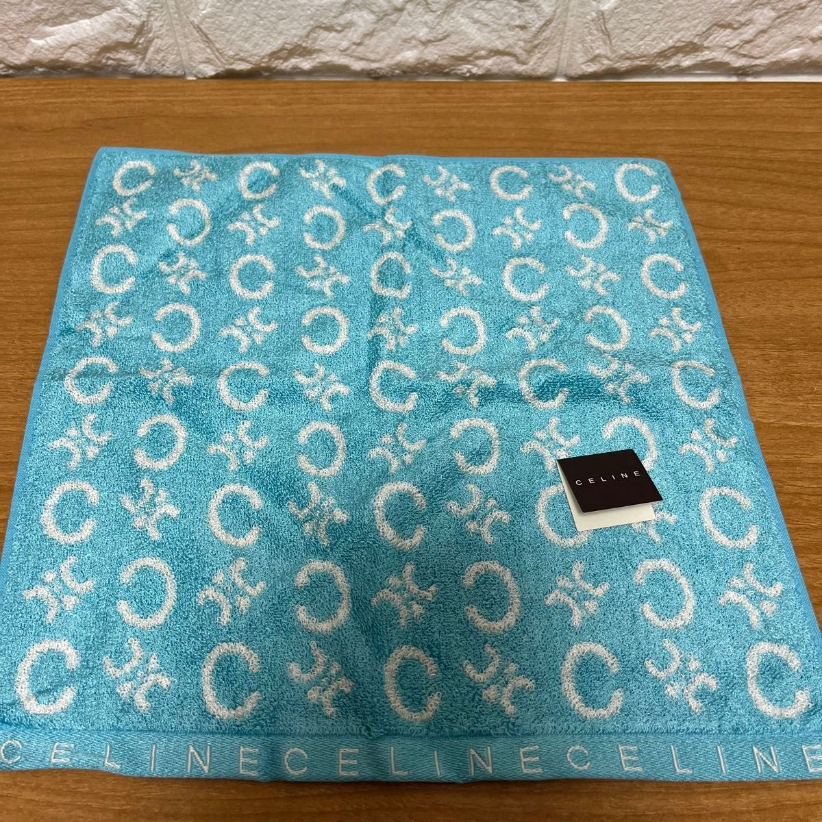 CELINE セリーヌ シルク混タオルハンカチ マカダム Cロゴ ブルー