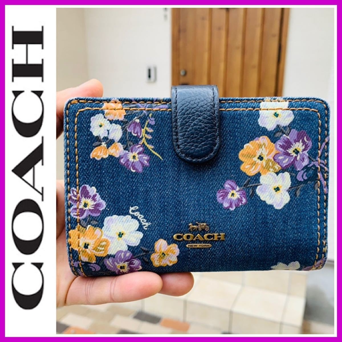大丸購入 入手困難 デニム×花柄 COACH コーチ 財布 ラメ インディゴ