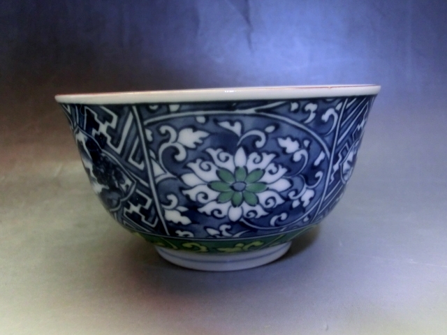 煎茶碗□茶味清風 庫山窯 湯飲み 5客 花唐草紋 染付 煎茶道具 時代物