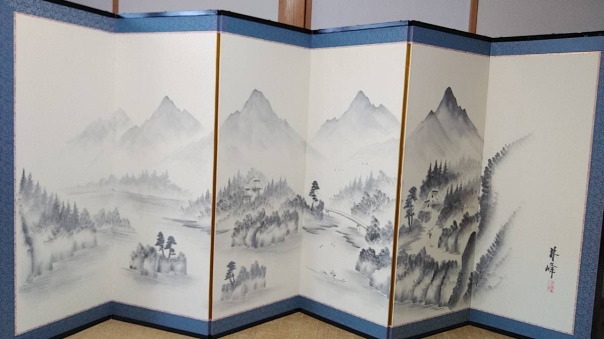 秀峰銘】山水図屏風 風景図約259×116㎝ 金紙 片面 六曲 屏風 日本画