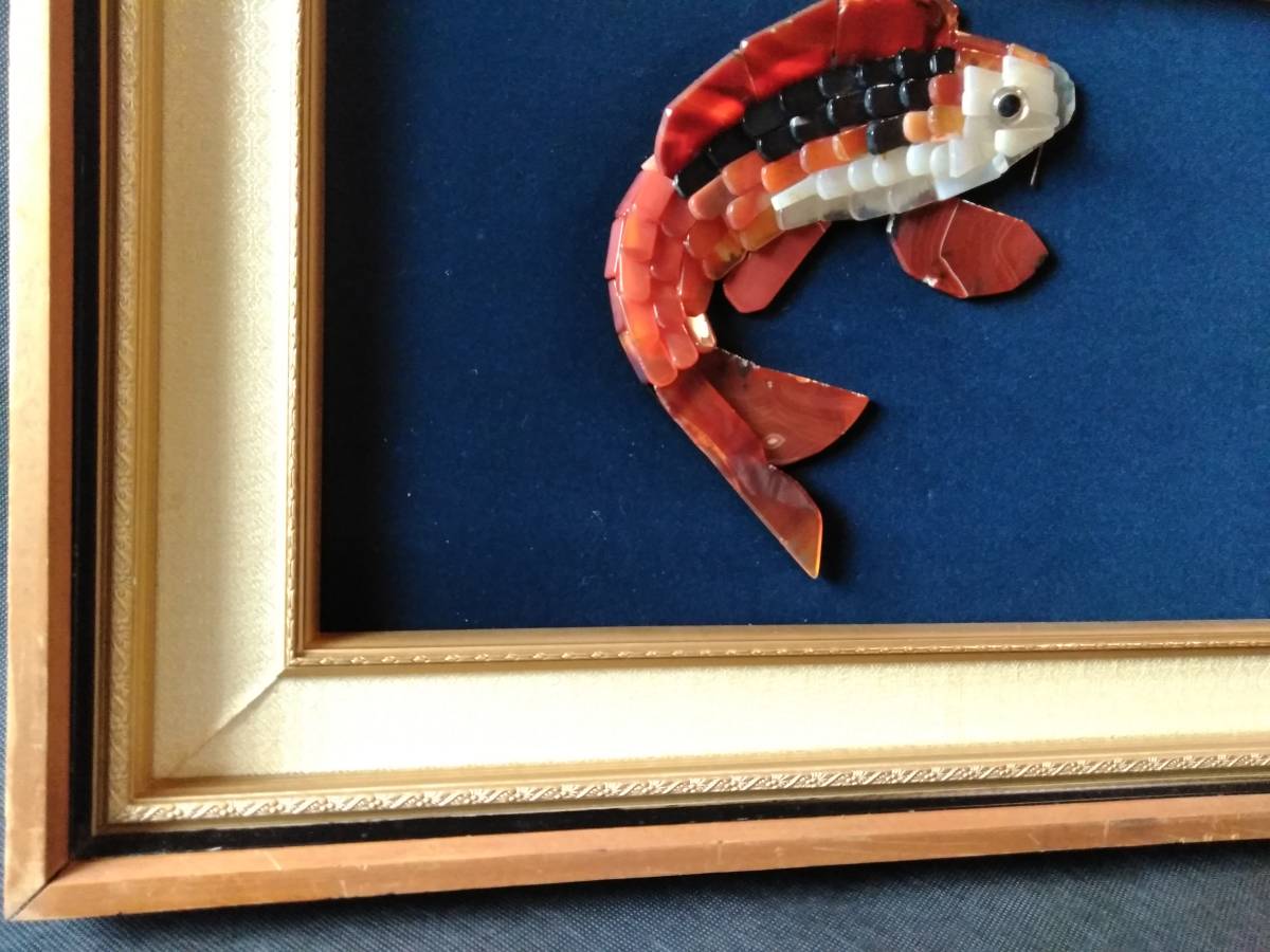 貴石画 宝石画 ストーンアート 3連 錦鯉 中古美品 貴石画 宝石画