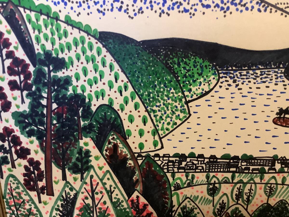 山下清 フェルトペン 色紙絵【 京都三条大橋図 】 肉筆 落款印譜有