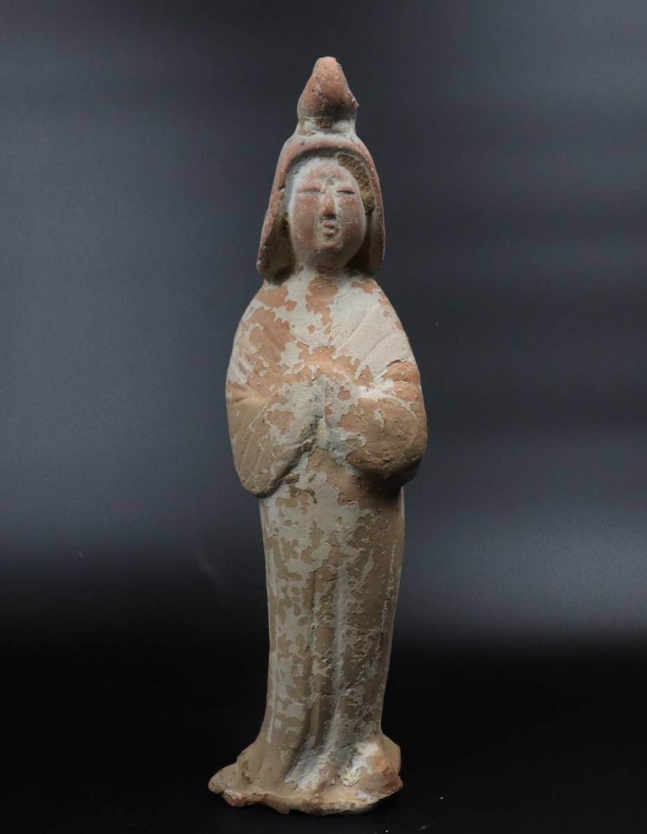 中国古玩加彩 婦女俑婦人 俑置物 高さ57㎝ 彩色残存 唐