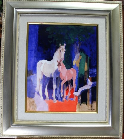 1112[陶板画]上橋薫「樹下の馬の親子」額装 鳴海製陶*