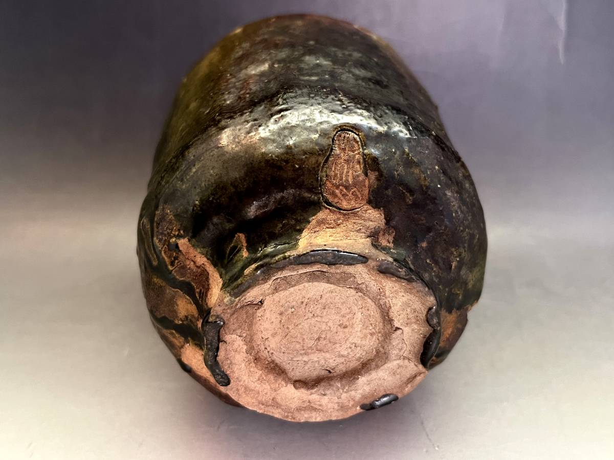 湯飲み□時代物 トップ 達摩図緑釉筒茶碗（江戸期）古織部 湯呑 箱入り