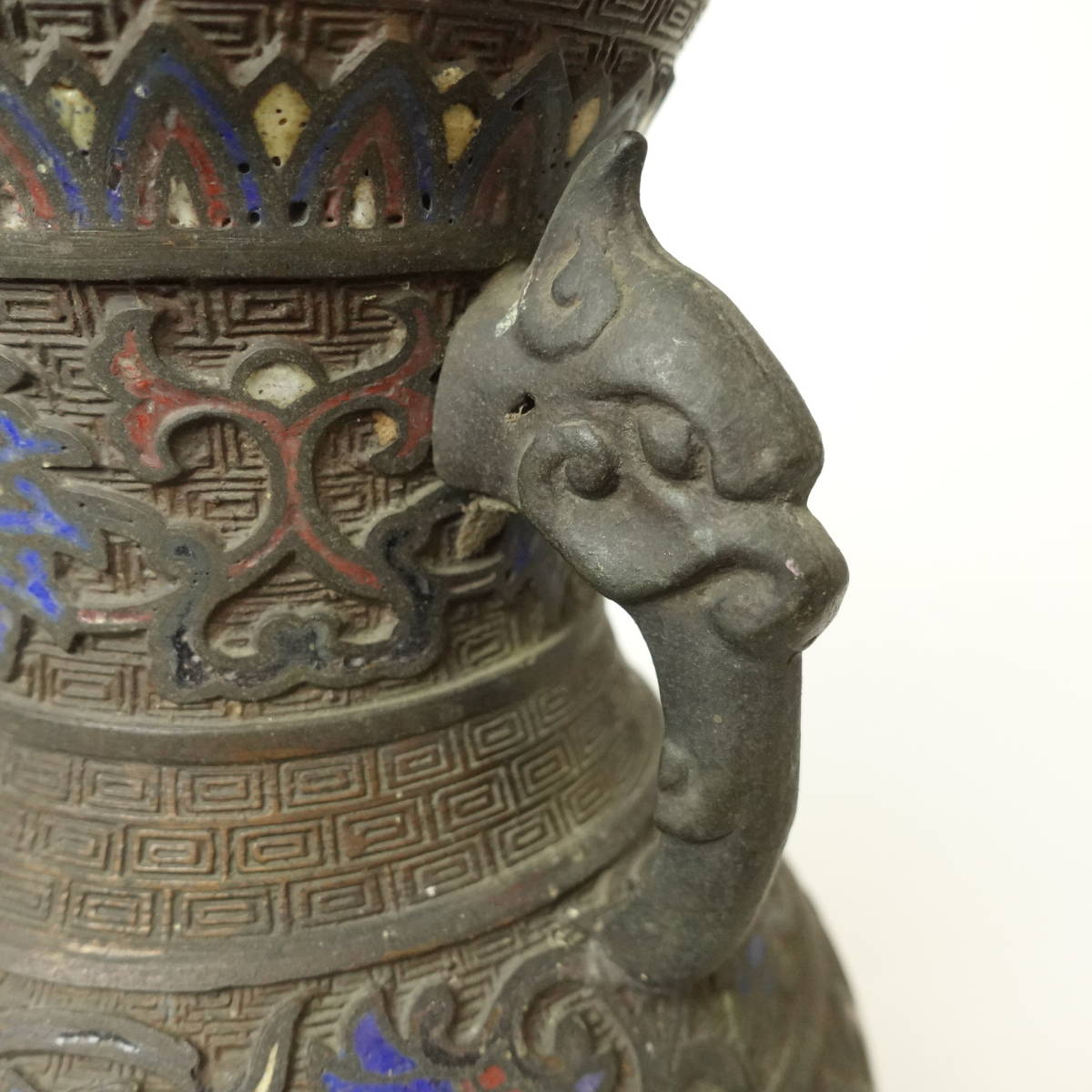 中国美術 七宝焼 銅七宝花草紋双耳壷 25cm 飾壺 花瓶 七宝細工