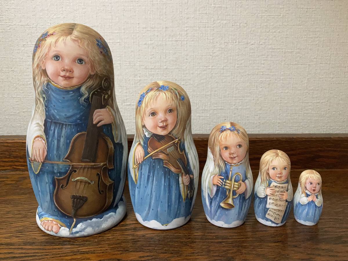 ロシア雑貨☆天使マトリョーシカ(5P)V.バルスコワ作 木製人形 リダ工房