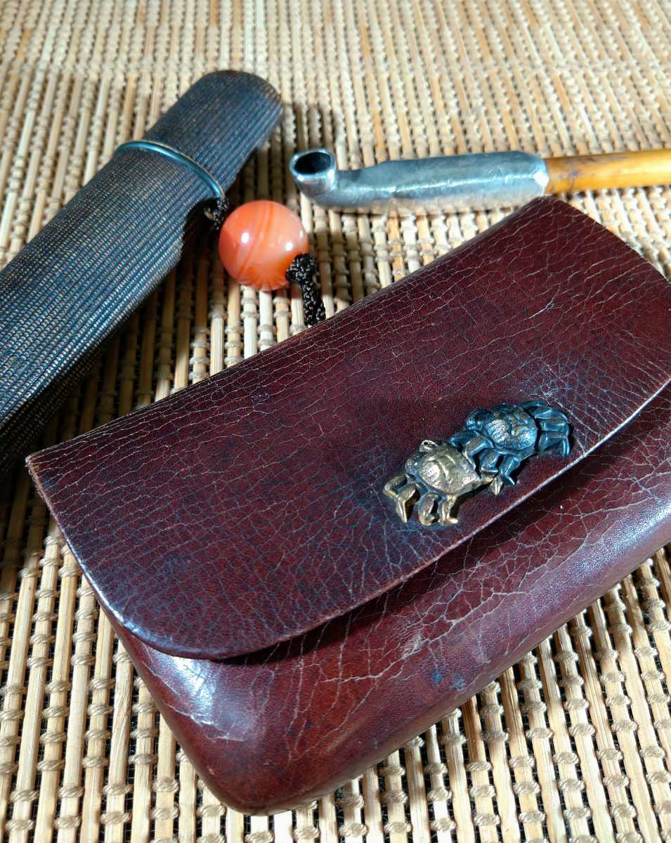 煙草入れ 時代物 提物 純銀 竹製 彫金 煙管 革 双蟹留具 朱玉