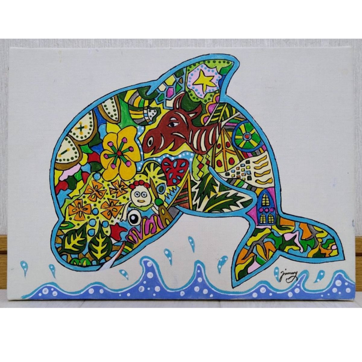 値下げ】［F6号］ジミー大西（イルカ）肉筆/手描き/サイン有/絵画