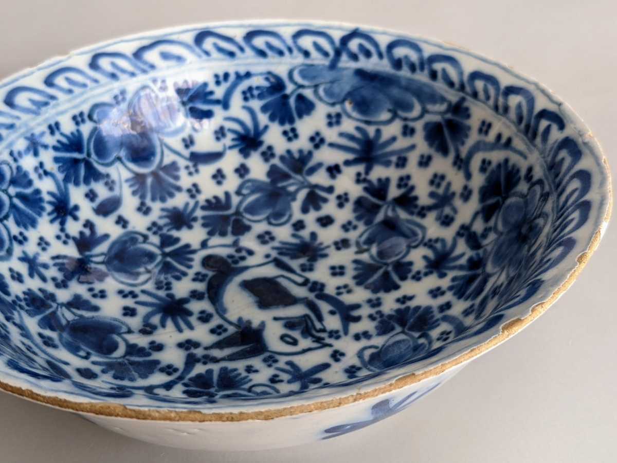 オランダ銅版小鉢染付人物風景文小鉢(デルフトか？) 18世紀後半〜19