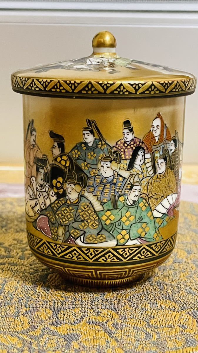 九谷焼 六歌仙 岳陽 毛筆細字 金彩 夫婦湯呑 蓋付 湯呑み 九谷焼