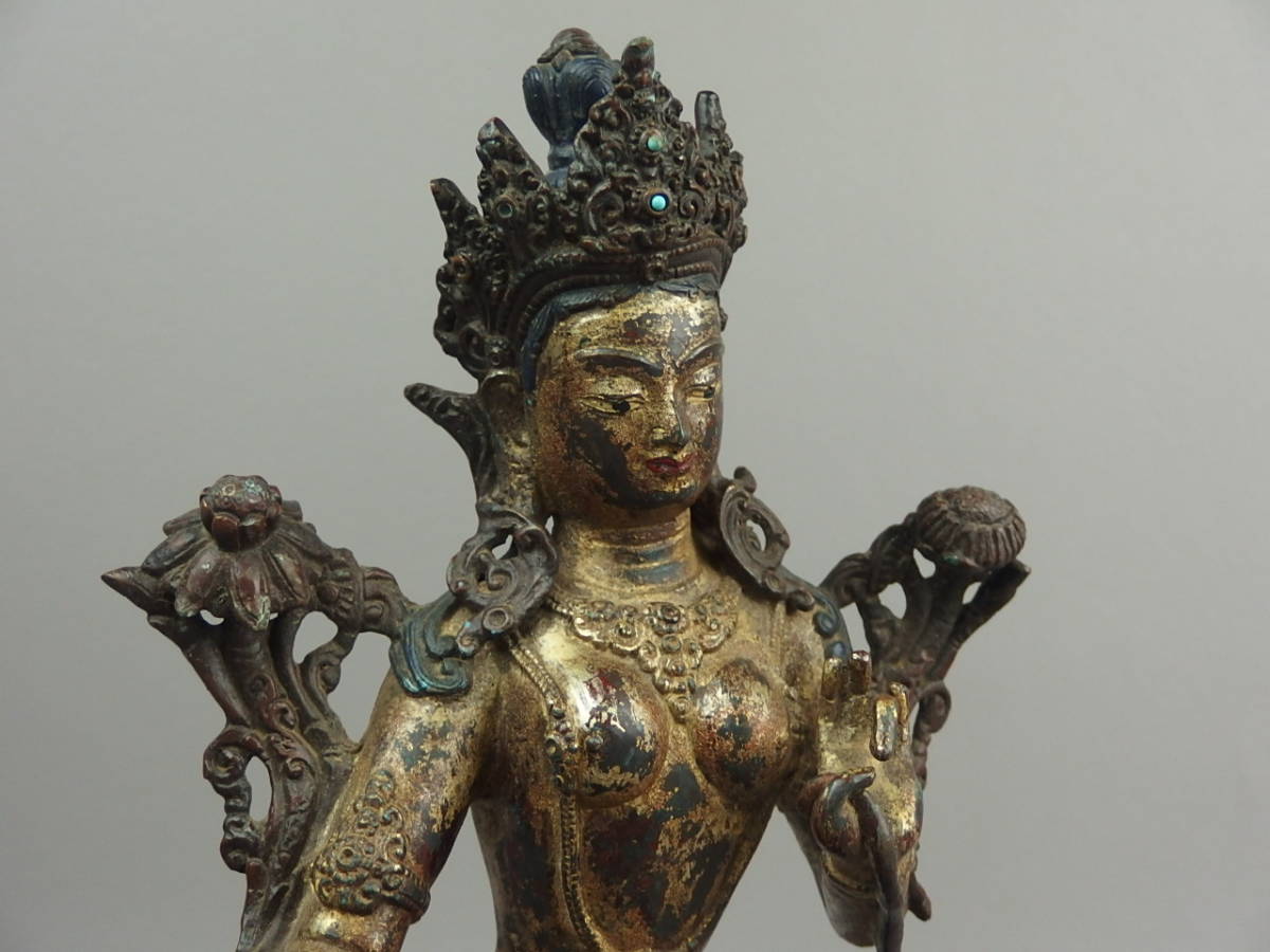 骨董・仏教美術】☆古い 唐金 古銅製金銅観音菩薩座像 約