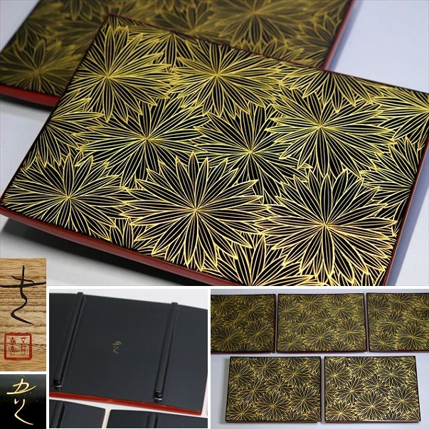 ☆文化功労者 三谷吾一 輪島塗巨匠 菊沈金銘々皿五客 盛