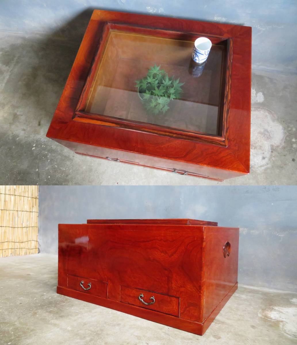 銘木 綺麗な木目 欅 黒柿 無垢 関東火鉢 座卓 テーブル ガラス天板 囲炉裏