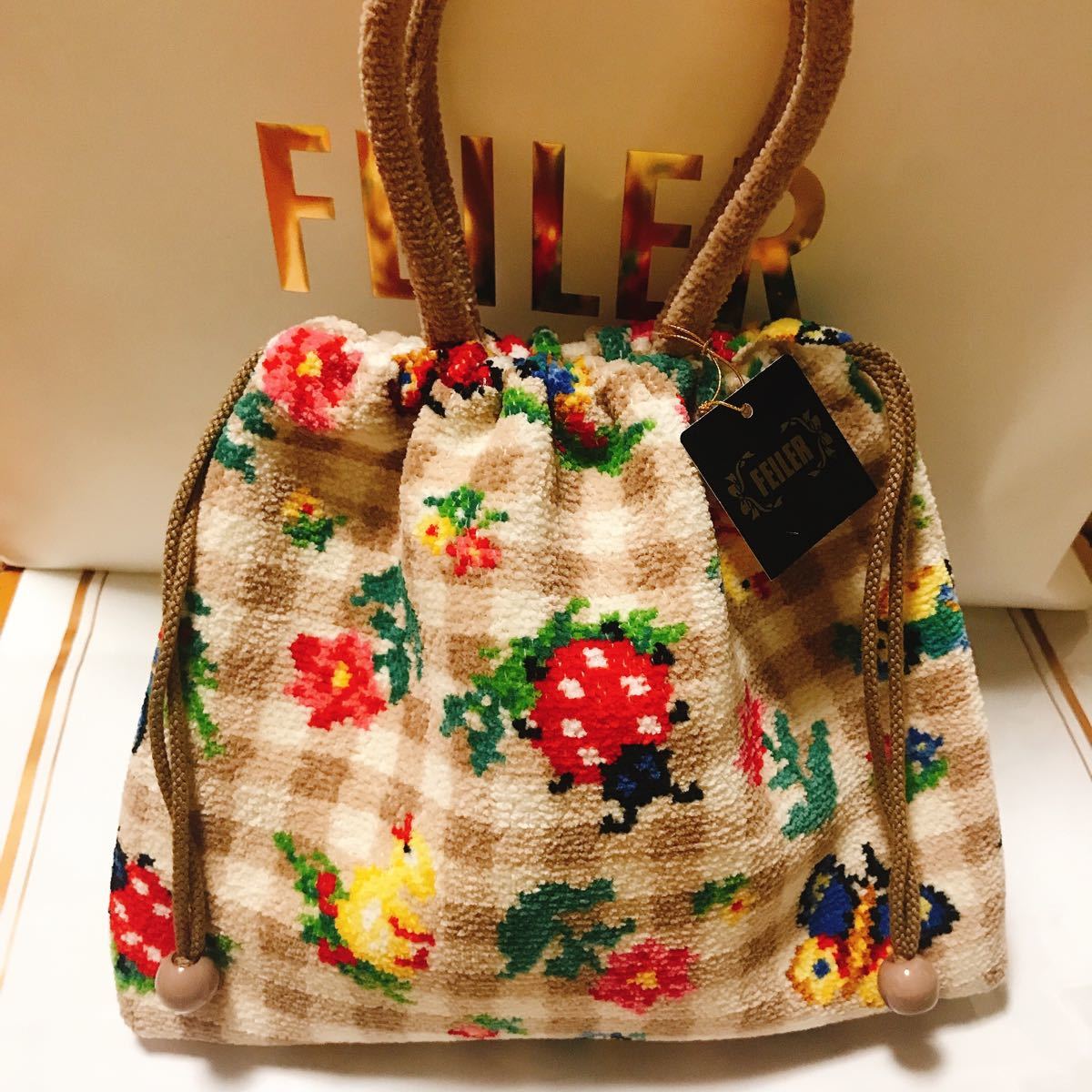 FEILER》ハイジチェック 手付き巾着 バッグ 新品 ベージュ 未使用