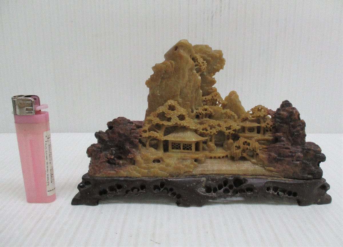 中国 玉石彫刻 山水人物刻 置物 時代箱付 M R5736 中国 玉石彫刻 山水