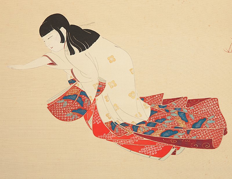 真作/桃坡/雪中南天に雀図/絹表装/桐箱二重箱