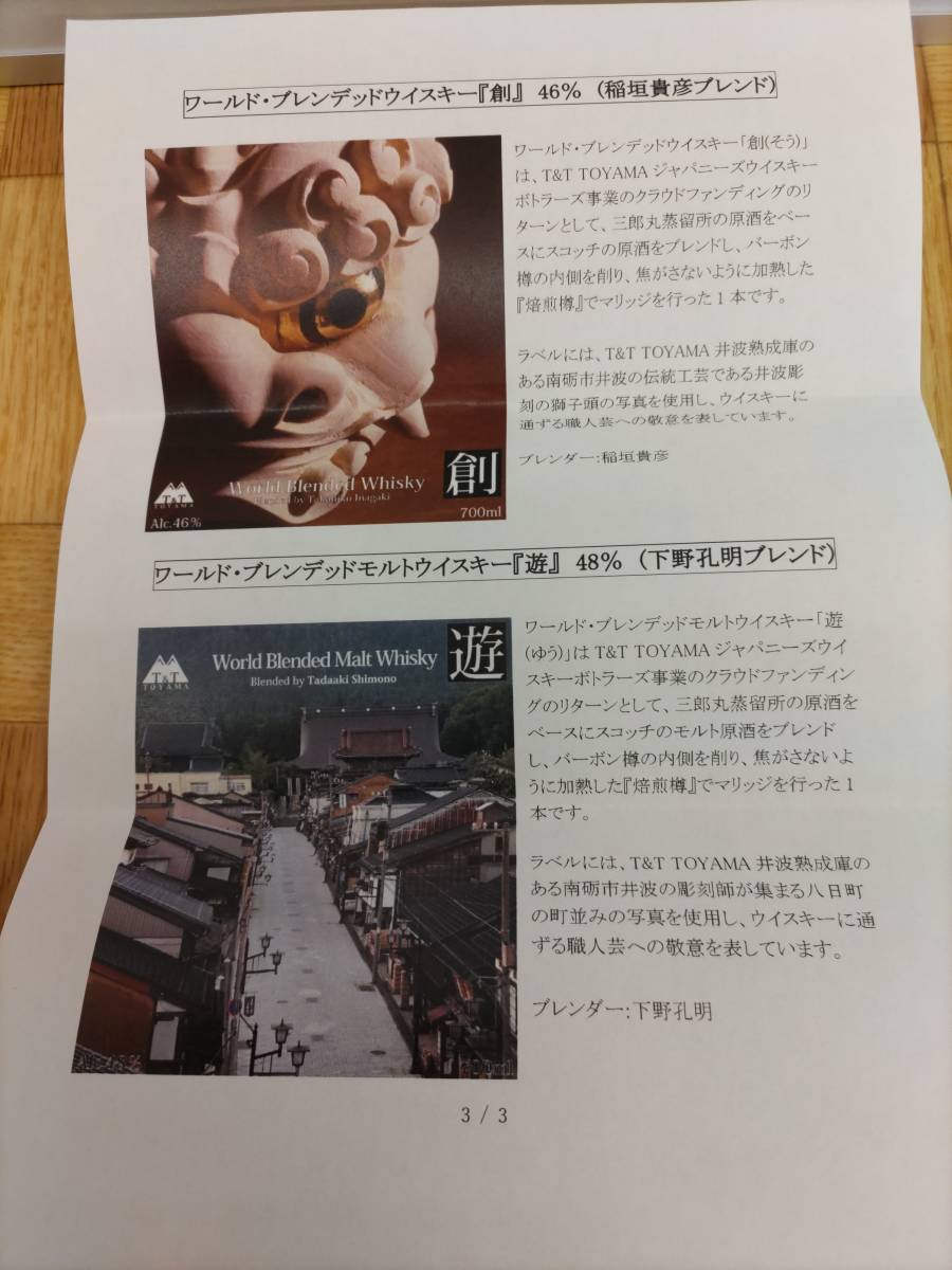 T＆T・TOYAMA三郎丸ウイスキー「創」「遊」クラウドファンディング