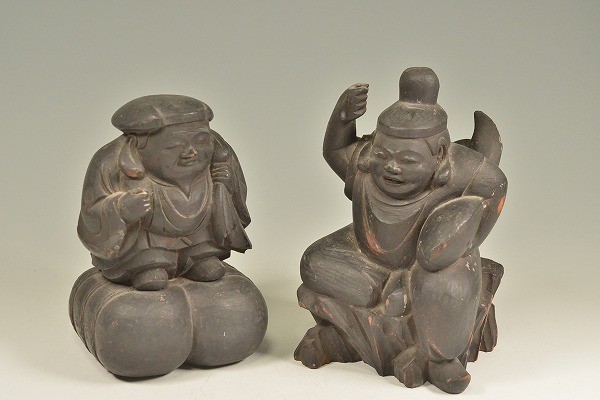 HW755 細密彫 木彫「恵比寿大黒天像」一対 高6.5cm/6.8cm 総重105g・