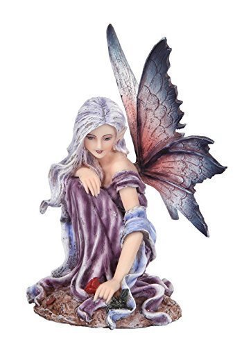 おとぎの国 赤いバラを持った紫色の翼の妖精（フェアリー）彫像 彫刻