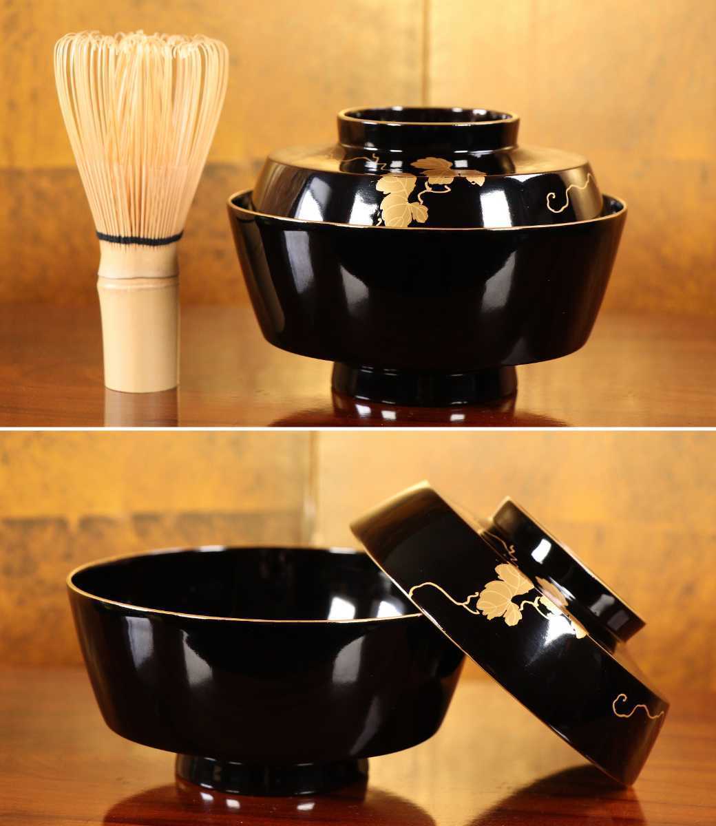 CM352】時代蒔絵椀 竹に鶏金蒔絵 平椀二客 木製 /(検) 輪島塗加賀能登