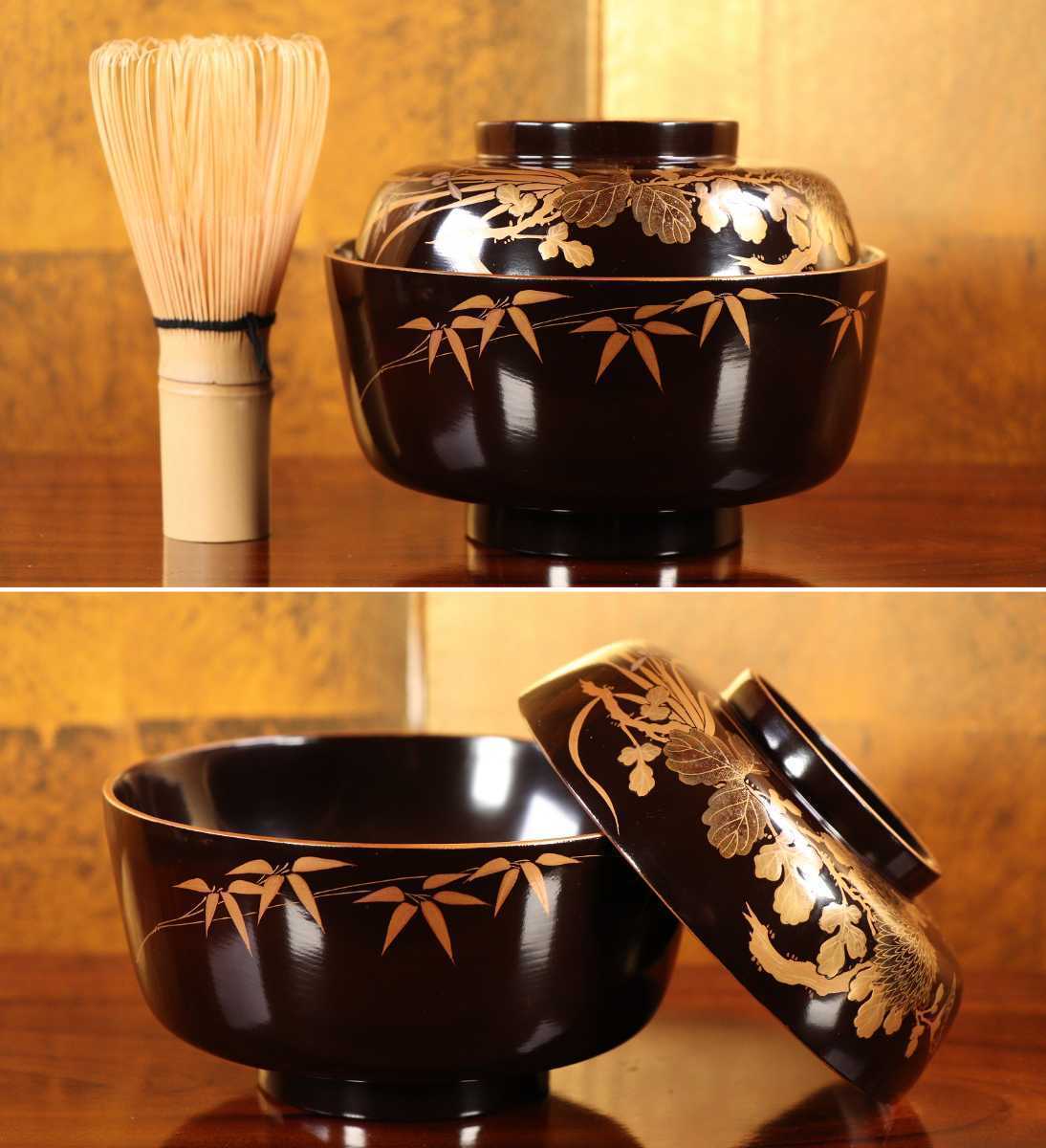 CCK03 超絶技巧 時代輪島塗 黒塗四君子本金蒔絵椀二客 高盛梨地細密切