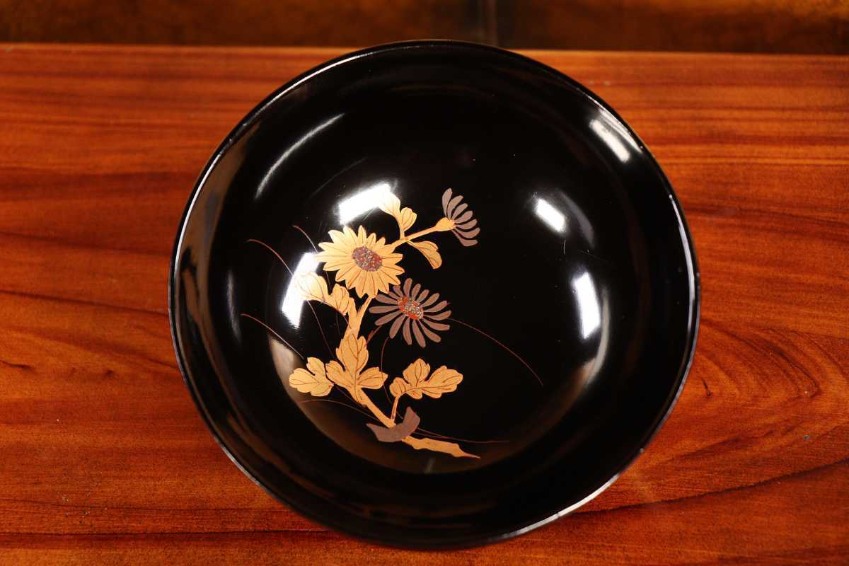 専用です 輪島塗 木製 草花金蒔絵 黒塗椀 十客 木箱 福寿草 南天