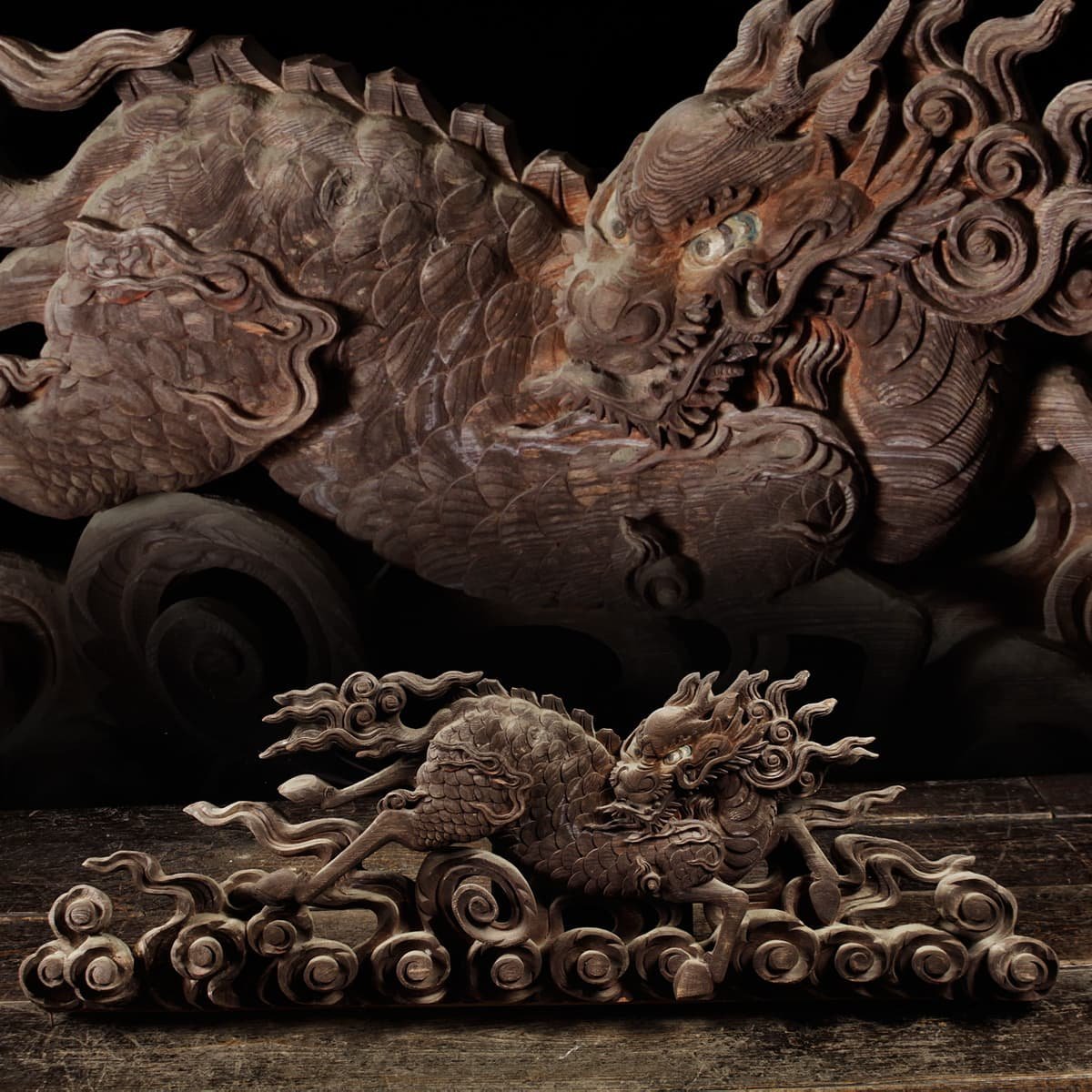 硯□麒麟彫刻 閑對流雲 ?農 キリン彫り 丸すずり 朱塗り漆器硯箱 書道