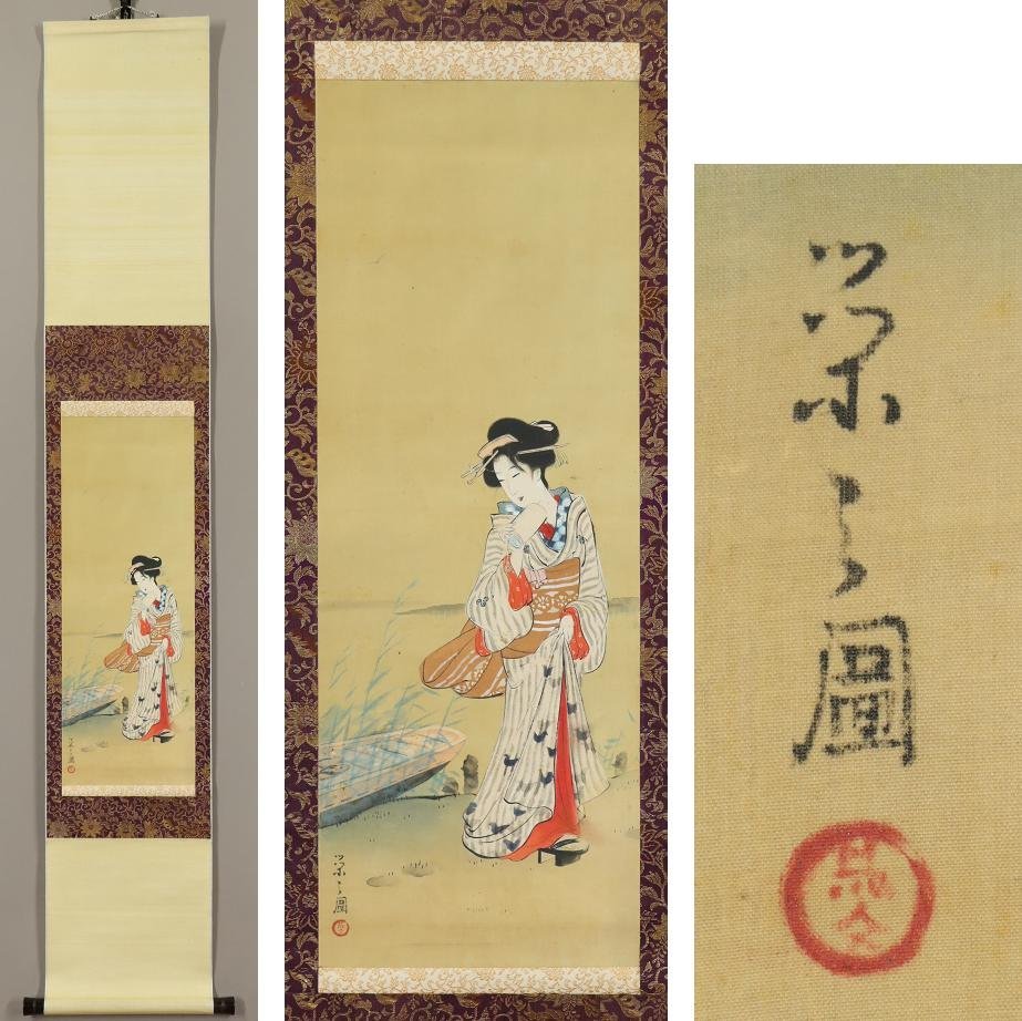 真作】□鳥文斎栄之□美人図□肉筆□掛軸□掛け軸□日本画□