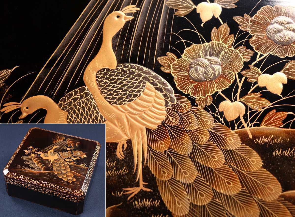 時代 飛天女蒔絵 饅頭箱 菓子箱 黒塗 木製 漆器 加賀 金沢 明治【MA824