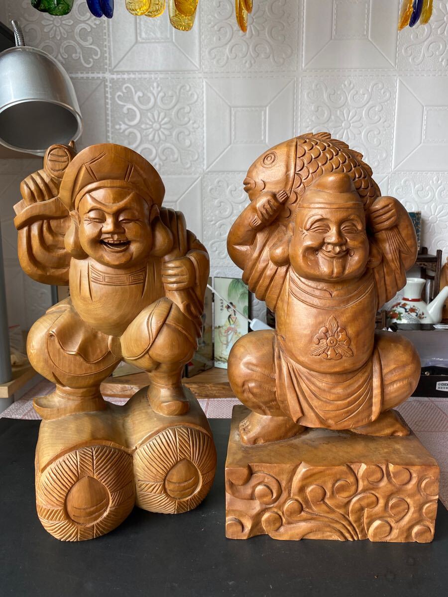 細密彫刻天然素材大黒天恵比寿置物インテリア工芸品美術品A3382