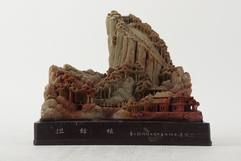 中国 玉石蝋石青田石彫刻 楼閣山水雕 硯屏 置物 V R8517 中国 玉石蝋石