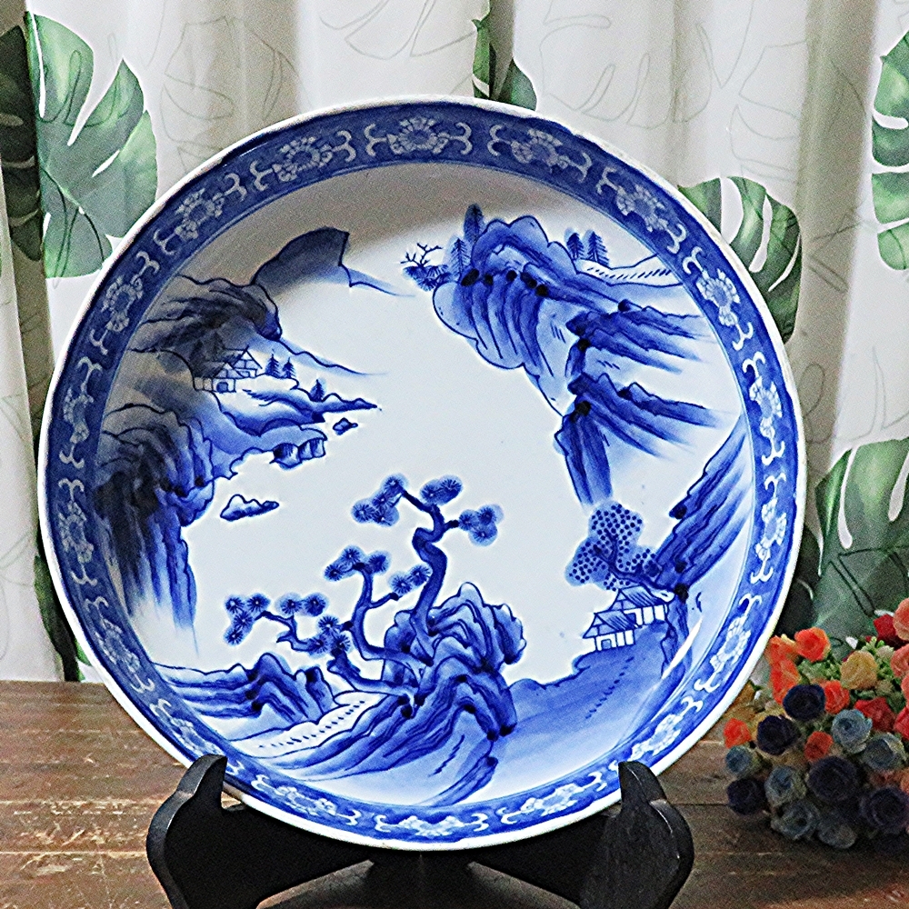 ◇古伊万里 青印 年代物 染付 平鉢 大鉢 直径32cm 箱無