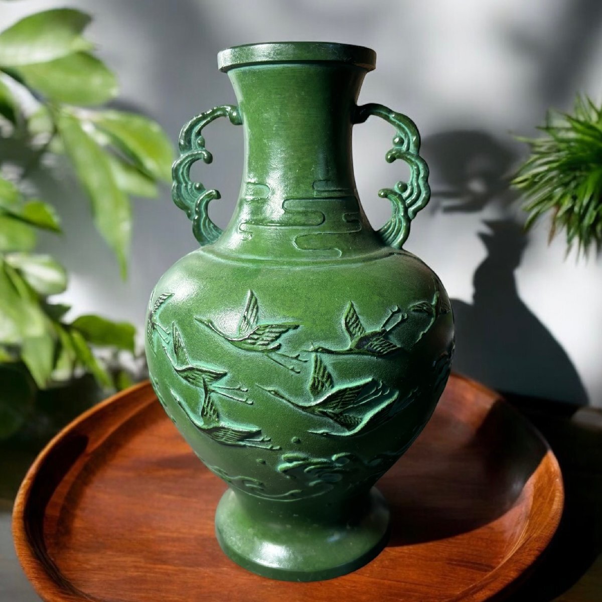 某有名収集家買入 壺 鶴 青銅 鋳芸 グリーン フラワーベース 花瓶 花