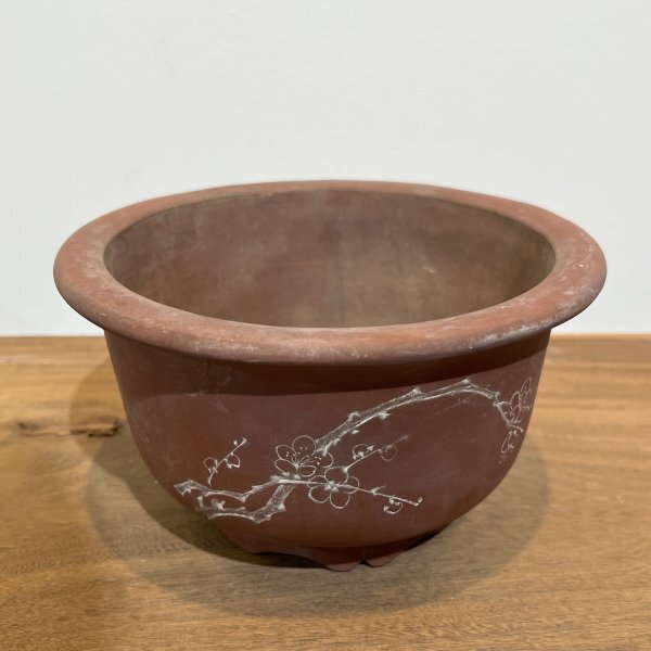 K1988☆【丸型 盆栽鉢 】 中国古盆器 在銘 朱泥 鉢 時代物 丸形 朱泥鉢